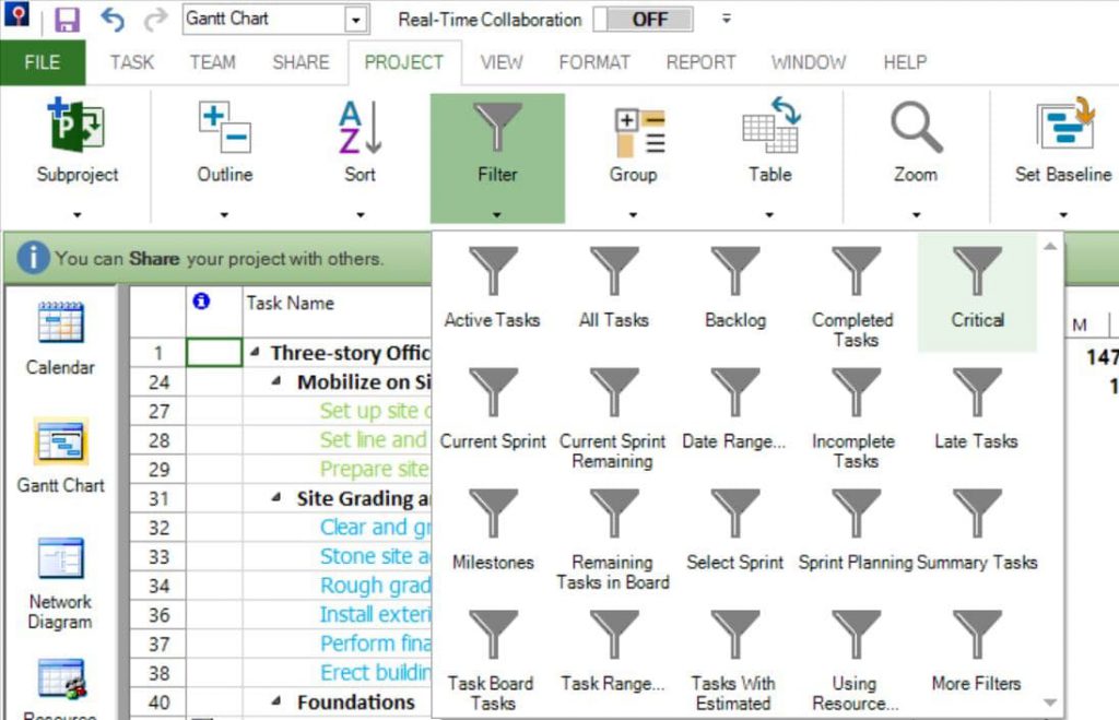 showing critical path in project plan 365