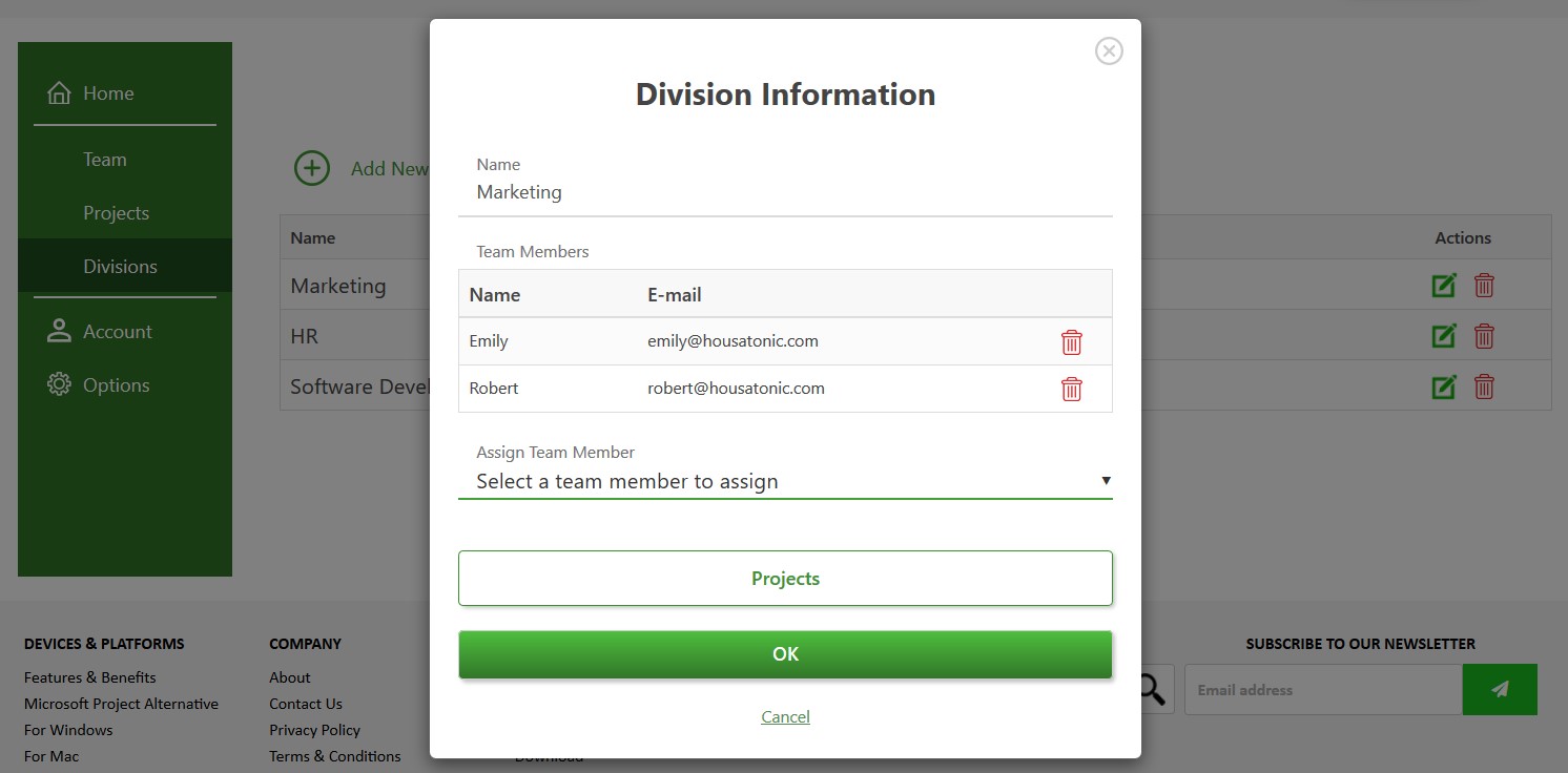 Manage Divisions – Project Plan 365